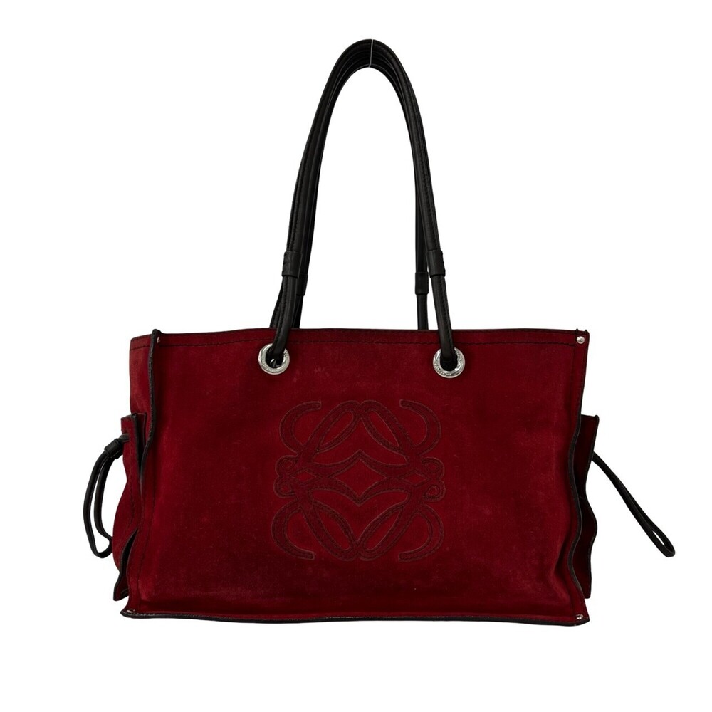 LOEWE Logo Stitch Suede Leather Tote Bag Handbag Semi-Shoulder Red 07026